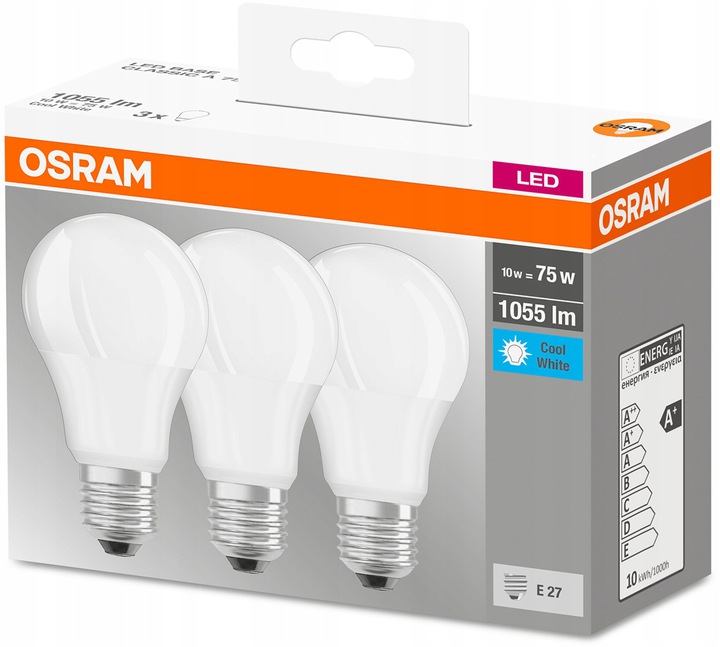 OSRAM Żarówka LED E27 10W = 75W 1055lm 4000K 3PAK