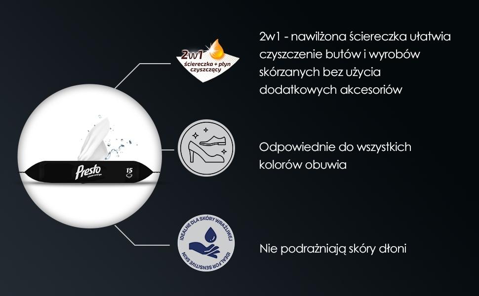 Presto Ściereczki nawilżane z woskiem do butów i wyrobów ze skóry 15 sztuk - obrazek 3