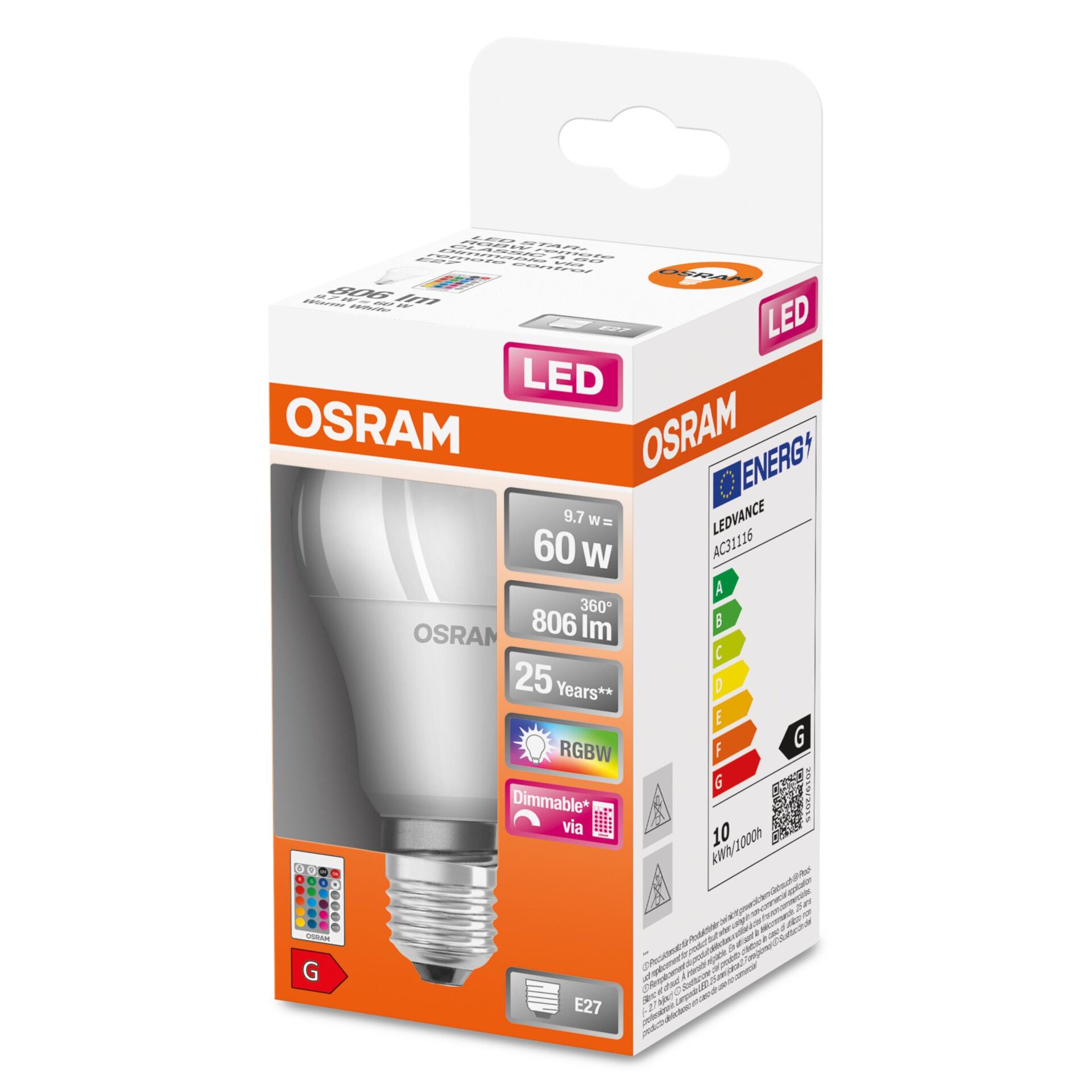 OSRAM LED żarówka RGBW wielokolorowa + PILOT 9W = 60W E27 - obrazek 11