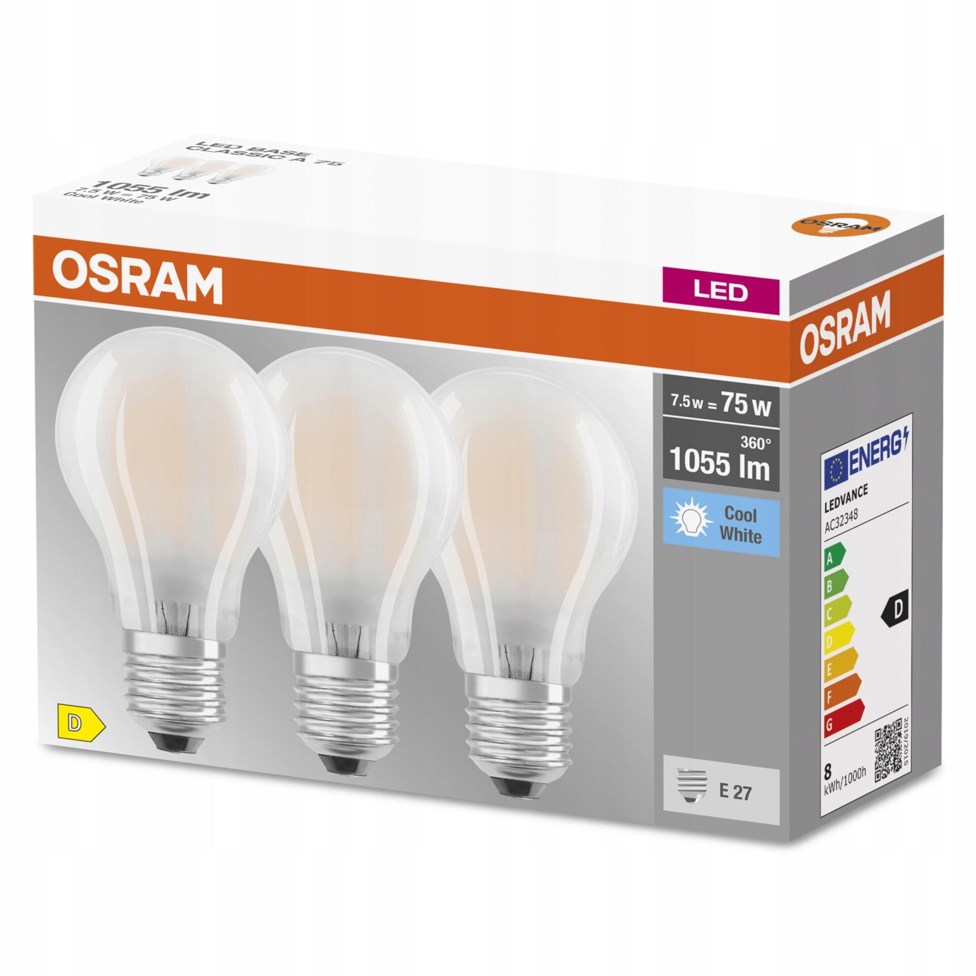 Osram LED E27 7,5W = 75W 4000K 1055lm FILAMENT x3