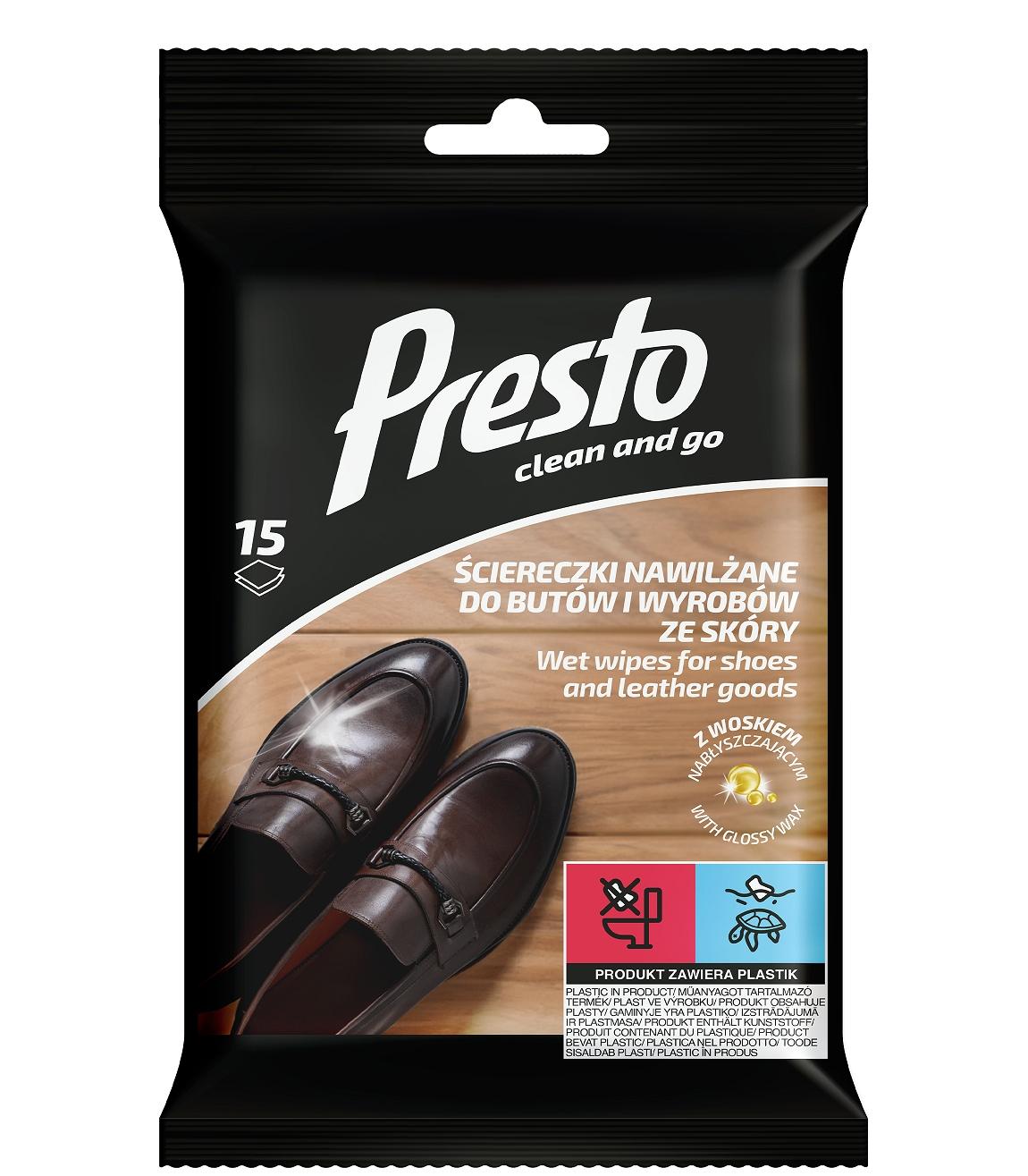 Presto Ściereczki nawilżane z woskiem do butów i wyrobów ze skóry 15 sztuk