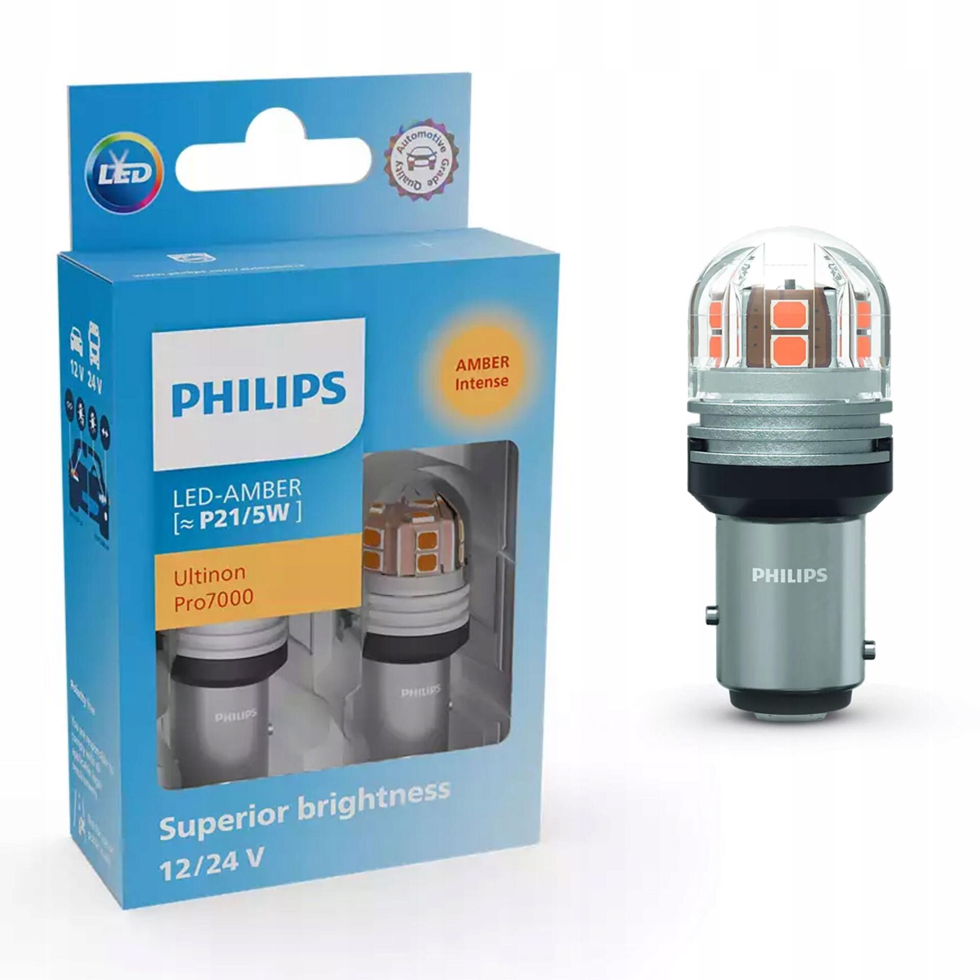 Żarówki Philips LED Ultinon Pro7000 P21/5W Amber AU70 12/24V