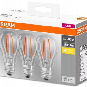 Osram 呕ar贸wka LED E27 6,5W(60W) ciep艂a 2700K 3 szt