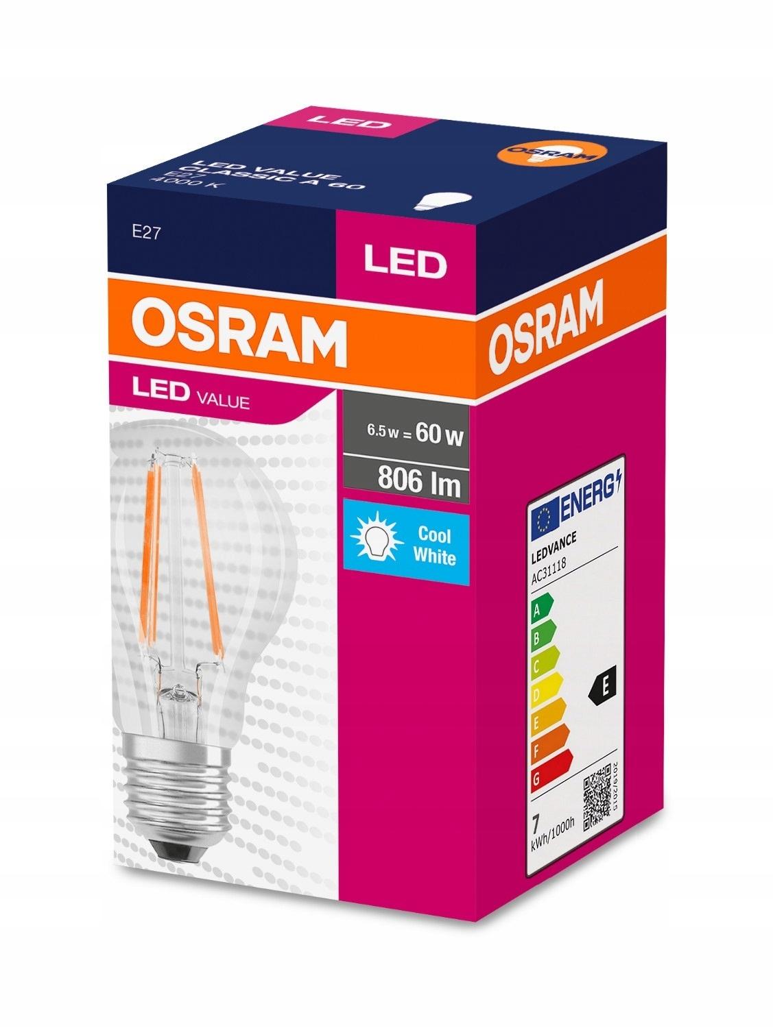Osram żarówka E27 FILAMENT 6.5W=60W 806lm 4000K