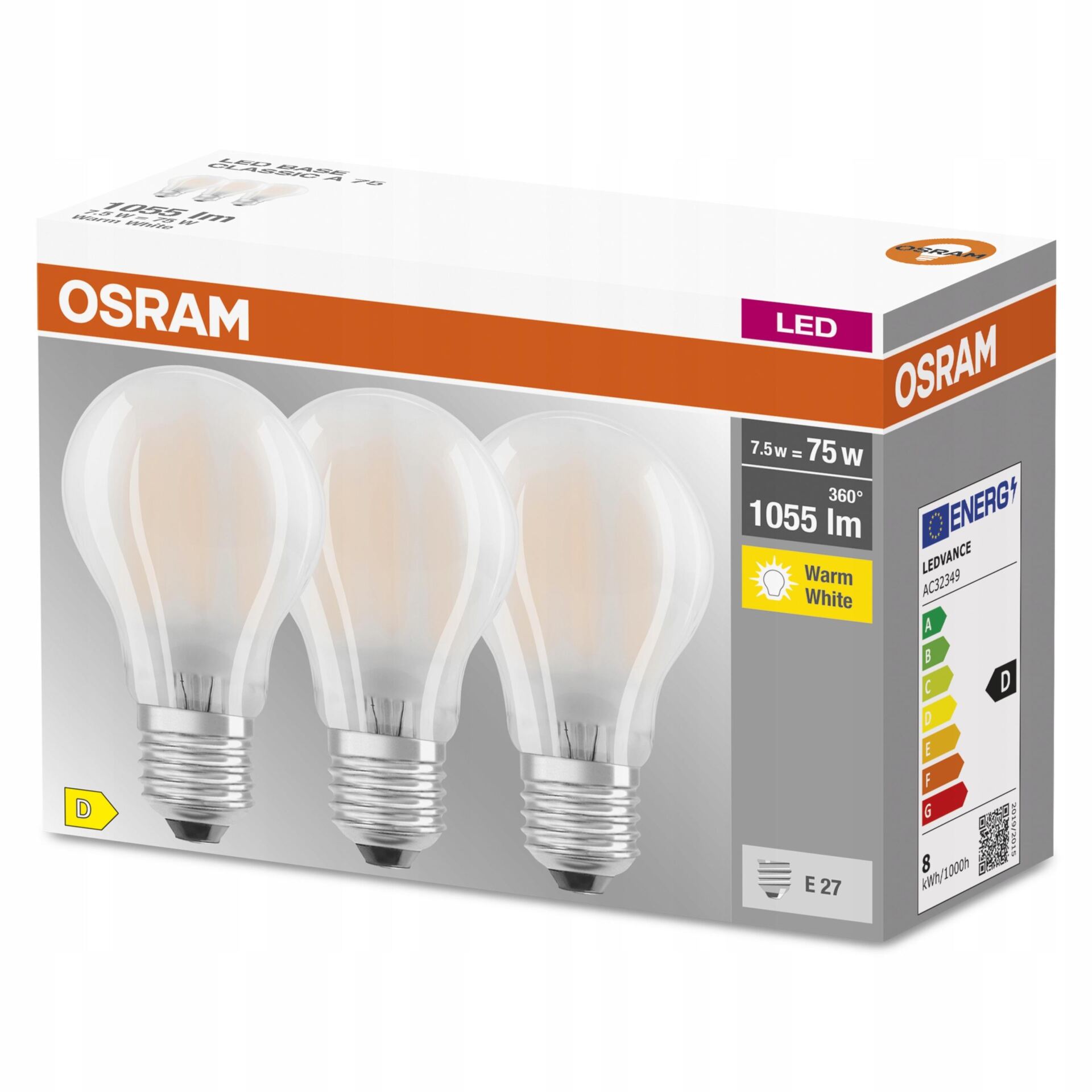 OSRAM Filament LED E27 7,5W = 75W 1055lm 2700K x3