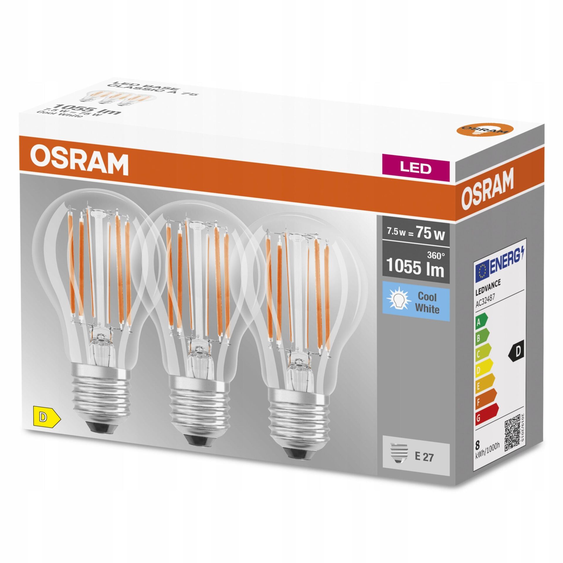 OSRAM FILAMENT Żarówka LED E27 7,5W = 75W 4000K x3