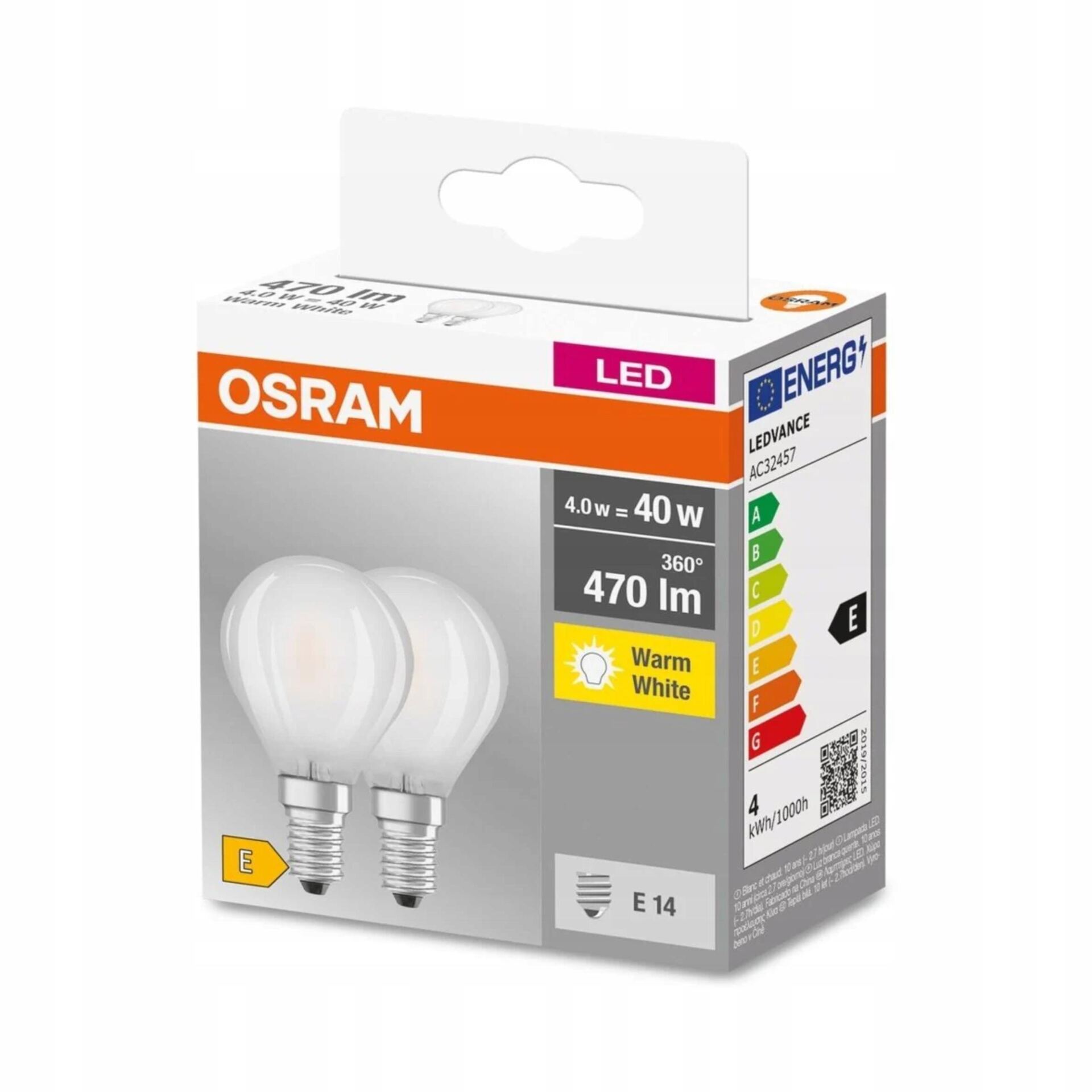 OSRAM ZESTAW 2 SZTUK ŻARÓWKI LED E14 4W P45 470LM BARWA CIEPŁA KULKA - obrazek 3