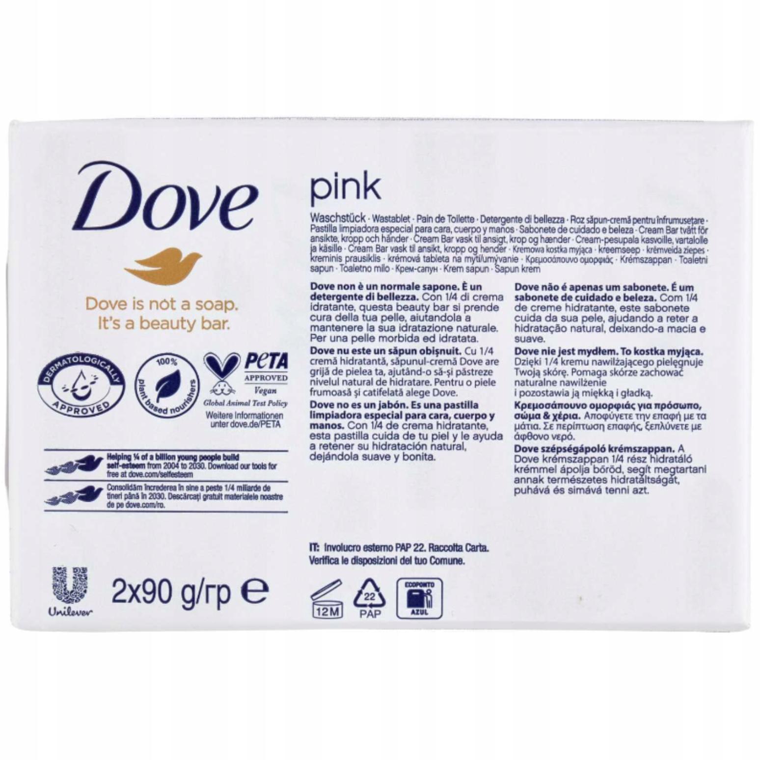 Dove Mydło Pink Różowe Kremowa Kostka Myjąca Gładka Nawilżona Skóra 2x 90 g - obrazek 2
