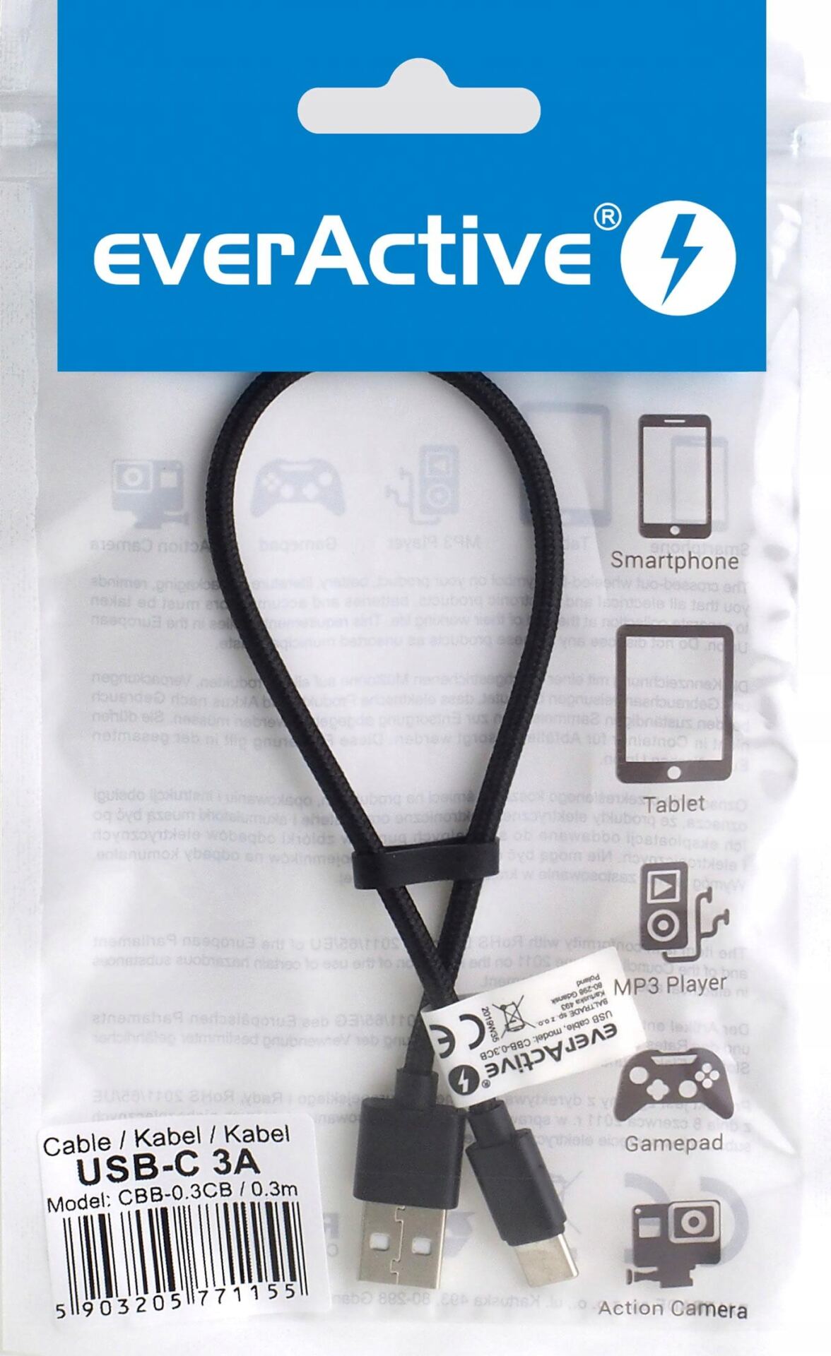 EverActive Kabel do ładowania USB-C szybkie ładowanie 3A 0.3m - obrazek 5