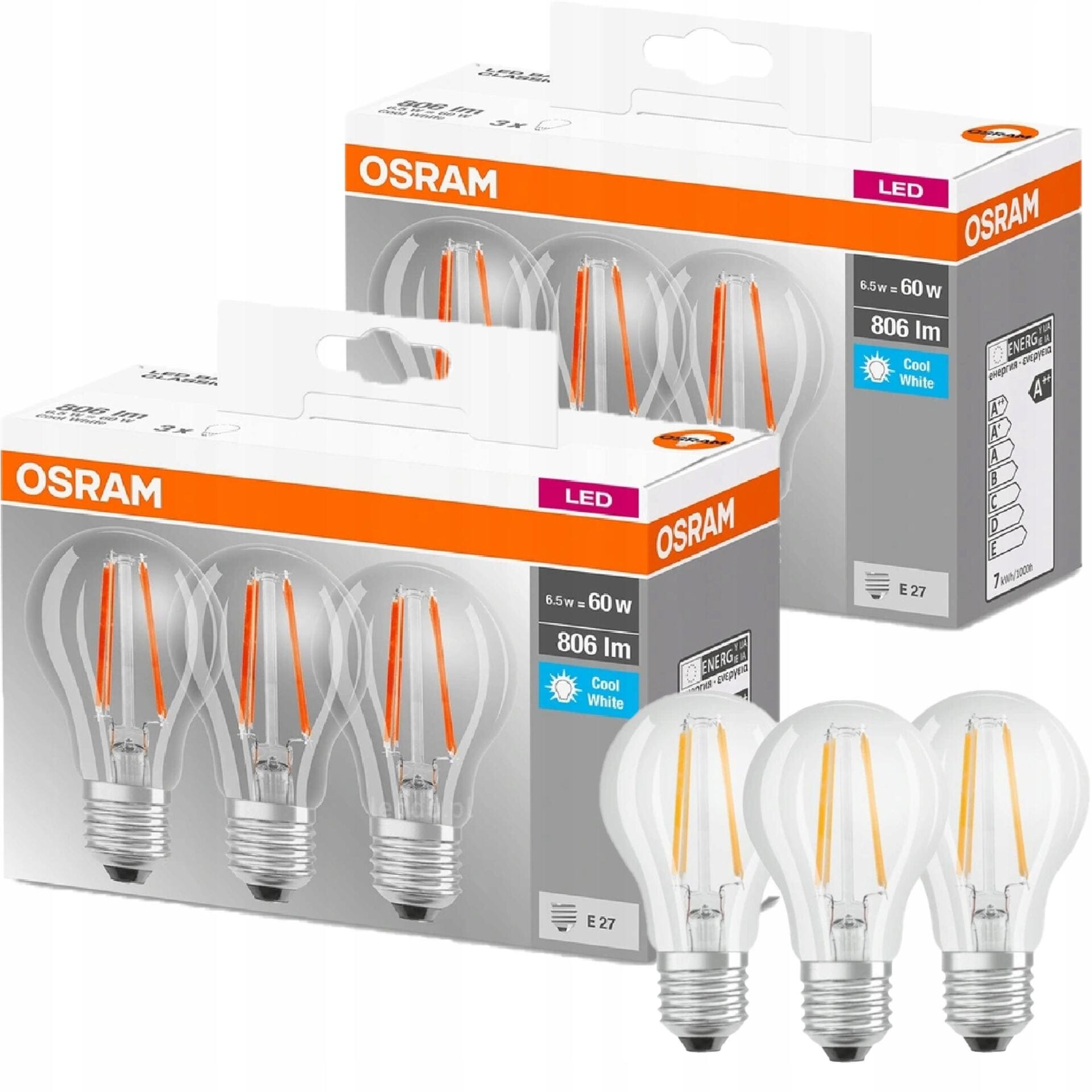 Osram żarówki FILAMENT LED E27 6,5W=60W 4000K X6