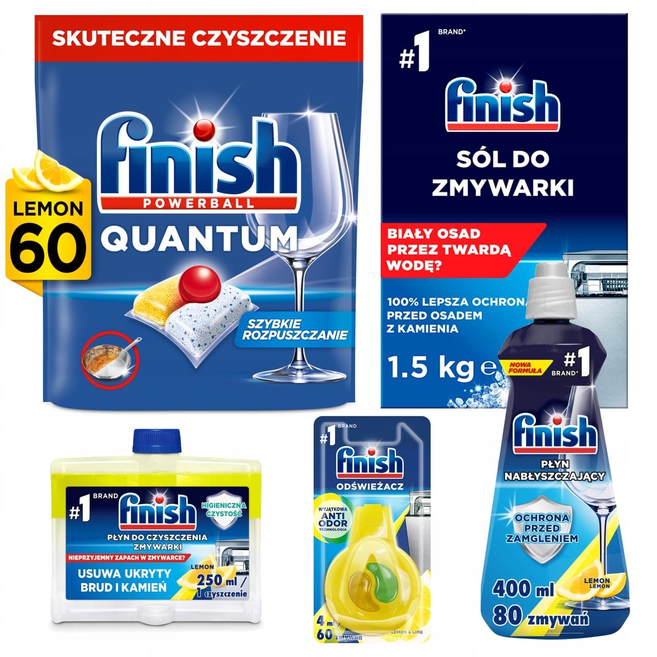 Finish Zestaw do Zmywarki Kapsułki Quantum Lemon 60 Sztuk + 4 produkty