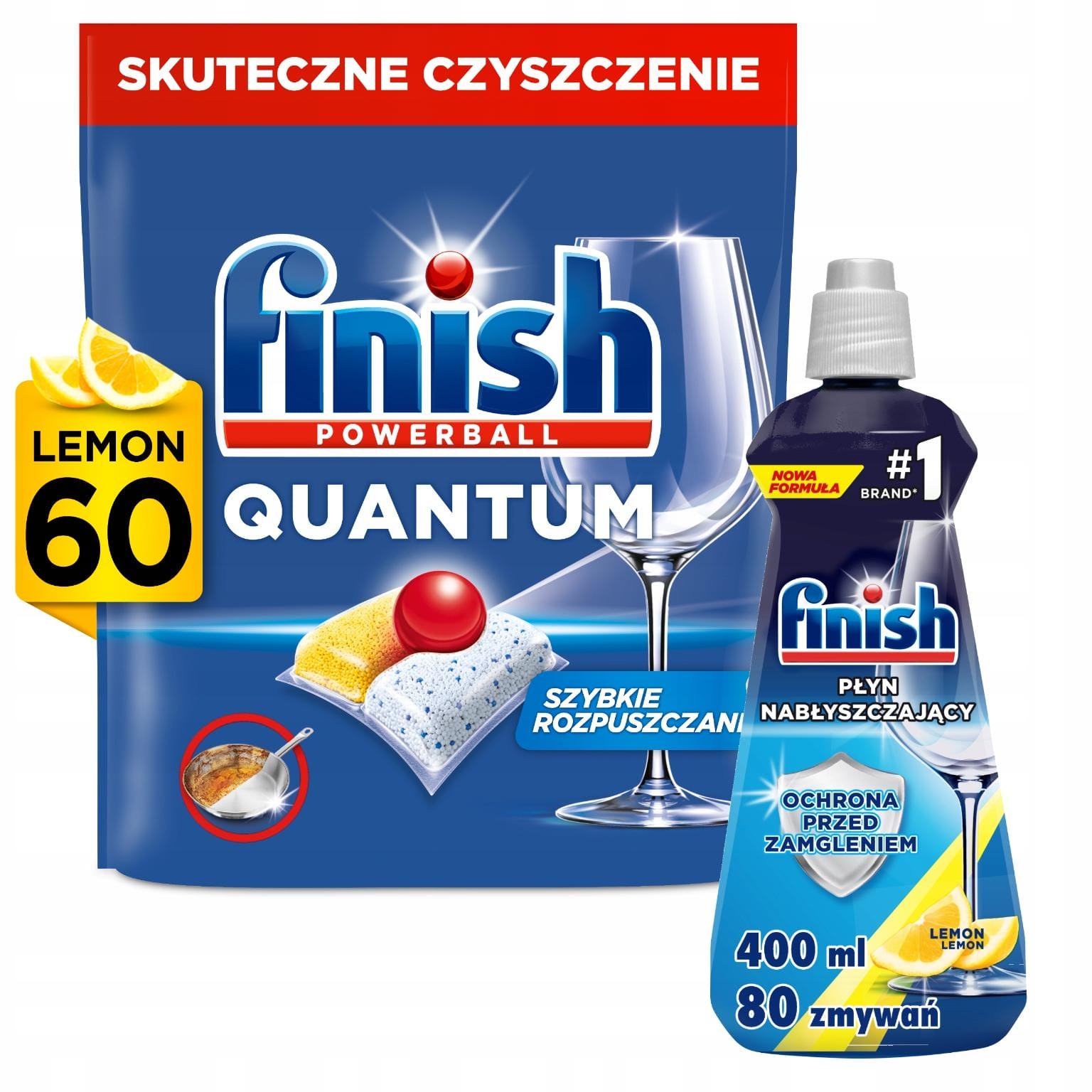 FINISH Kapsułki do zmywarki Quantum 60 Lemon + Nabłyszczacz 400ml Cytrynowy