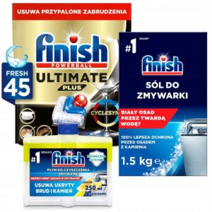 Finish Zestaw do Zmywarki Kapsu艂ki 45 Sztuk, S贸l 1.5kg, Czy艣cik Lemon 250ml