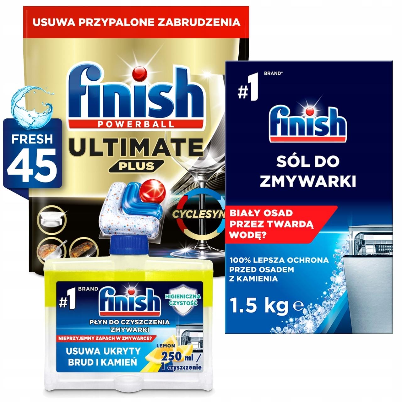 Finish Zestaw do Zmywarki Kapsułki 45 Sztuk, Sól 1.5kg, Czyścik Lemon 250ml