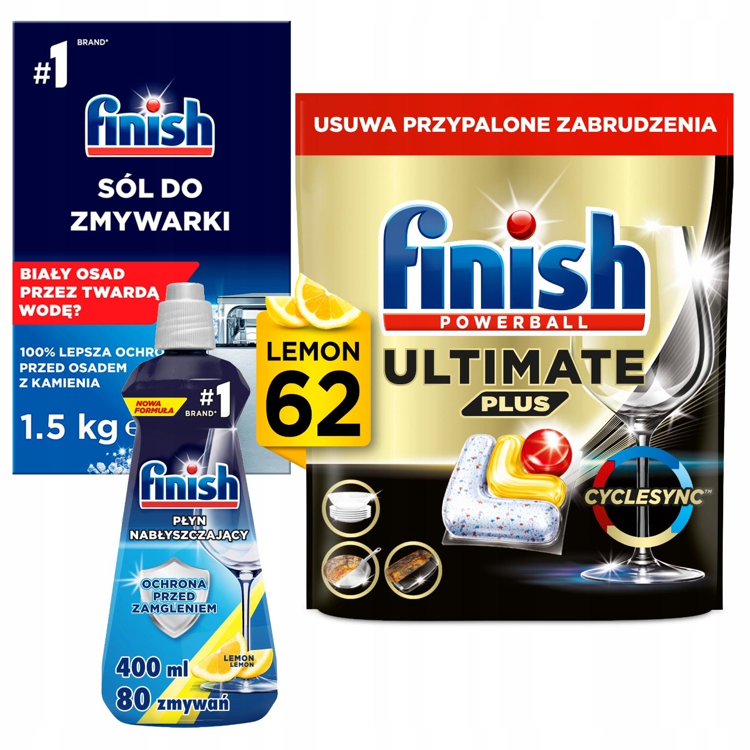 Finish Zestaw do Zmywarki Kapsułki 62, Płyn Nabłyszczający 400ml, Sól 1.5kg