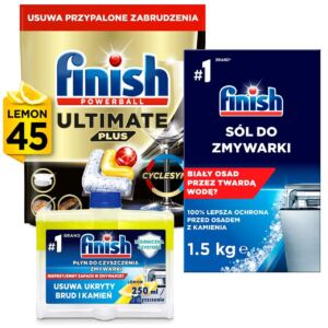 Finish Zestaw Lemon do Zmywarki Kapsu艂ki 45 Sztuk, S贸l 1.5kg, Czy艣cik 250ml