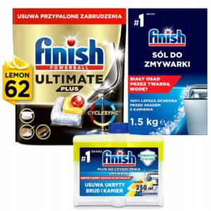 Finish Zestaw Lemon do Zmywarki Kapsu艂ki 62 Sztuk, S贸l 1.5kg, Czy艣cik 250ml