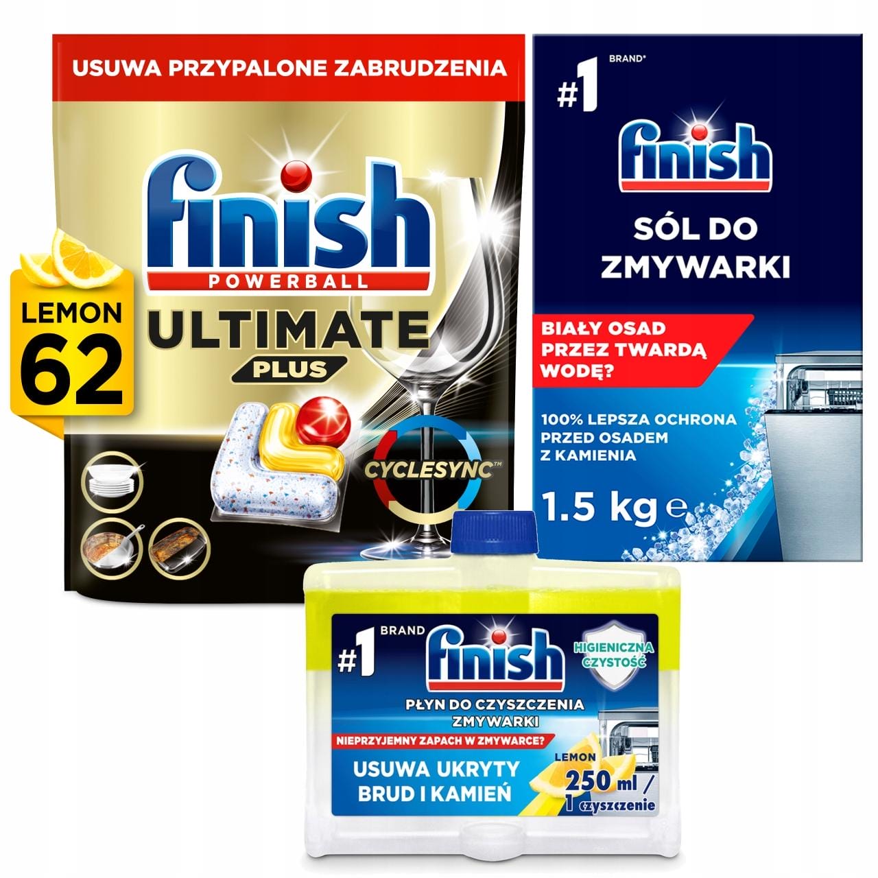 Finish Zestaw Lemon do Zmywarki Kapsułki 62 Sztuk, Sól 1.5kg, Czyścik 250ml