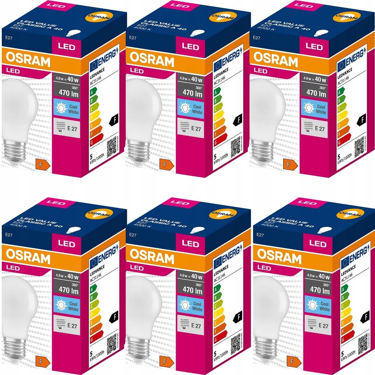 Osram żarówka LED E27 4,9W=40W 470lm 4000K x 6