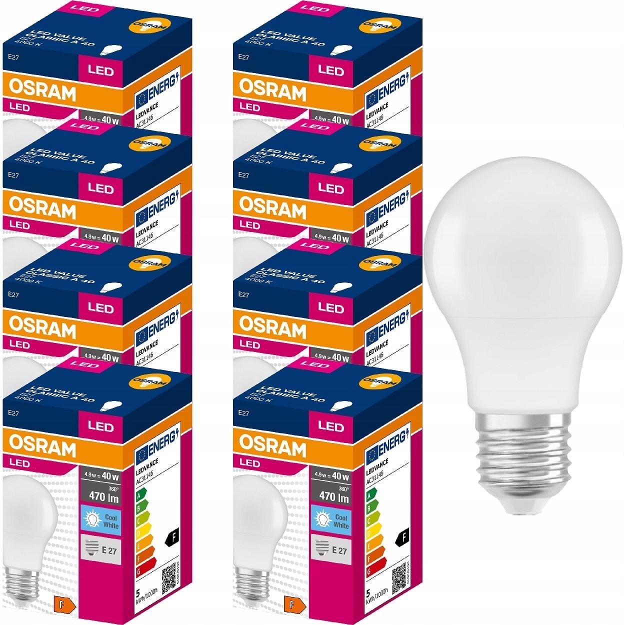 Osram żarówka LED E27 4,9W=40W 470lm 4000K x 8