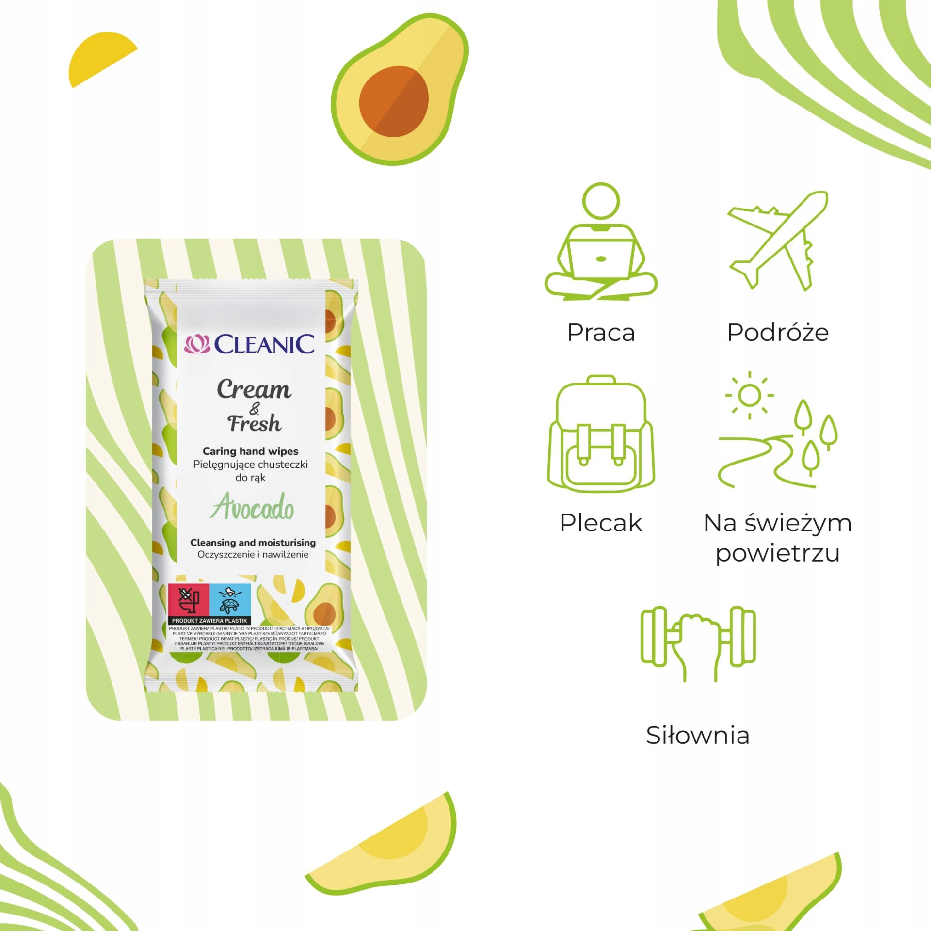 16 x Cleanic Cream & Fresh Avocado Pielęgnujące chusteczki do rąk, 15 szt - obrazek 4