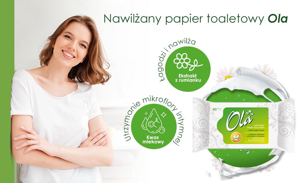 12 x OLA nawilżany papier toaletowy z kwasem mlekowym i rumianku 40 sztuk - obrazek 2
