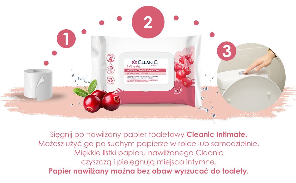 16 x CLEANIC INTIMATE Nawilżany papier toaletowy z ekstraktu z żurawiny 40s - obrazek 4