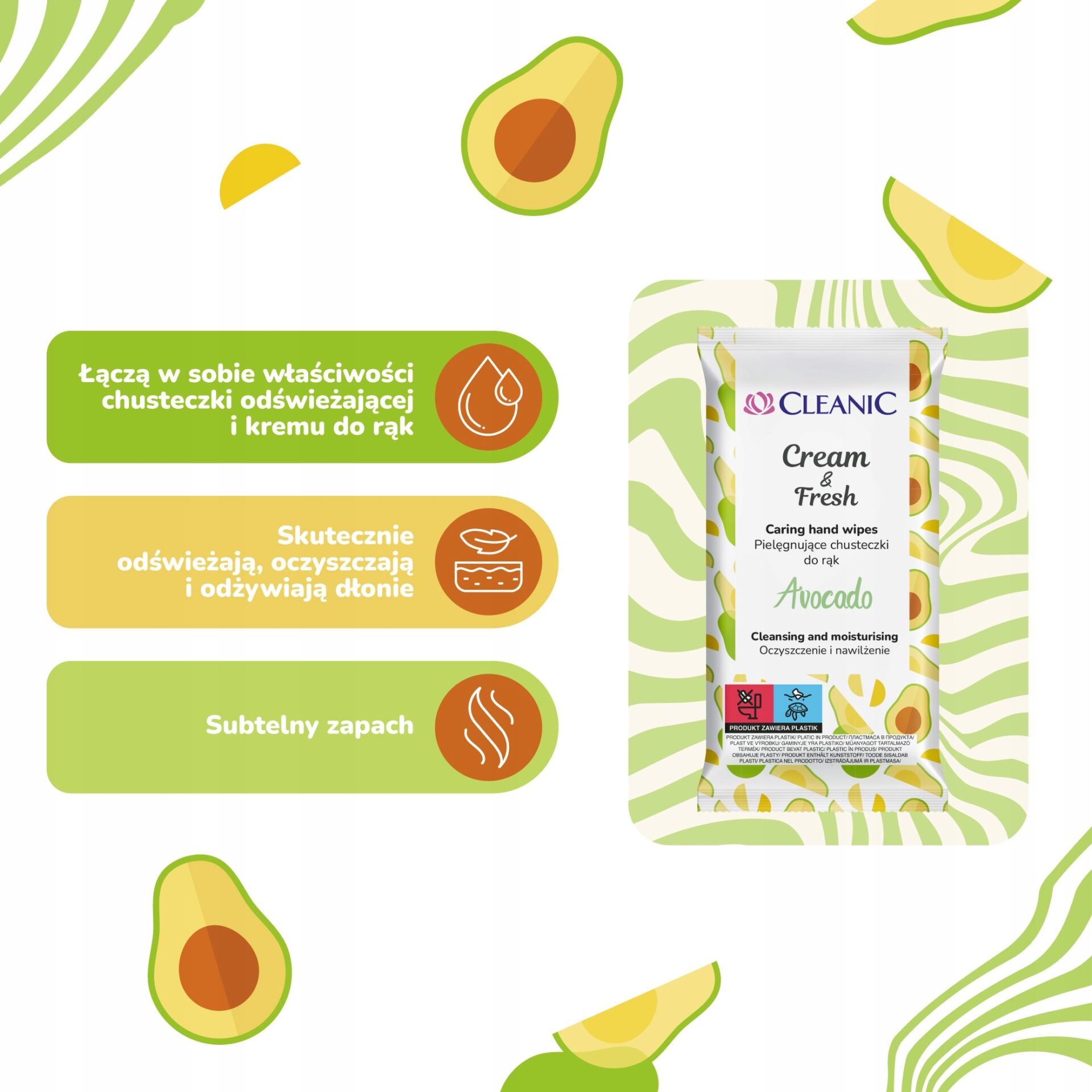 16 x Cleanic Cream & Fresh Avocado Pielęgnujące chusteczki do rąk, 15 szt - obrazek 3