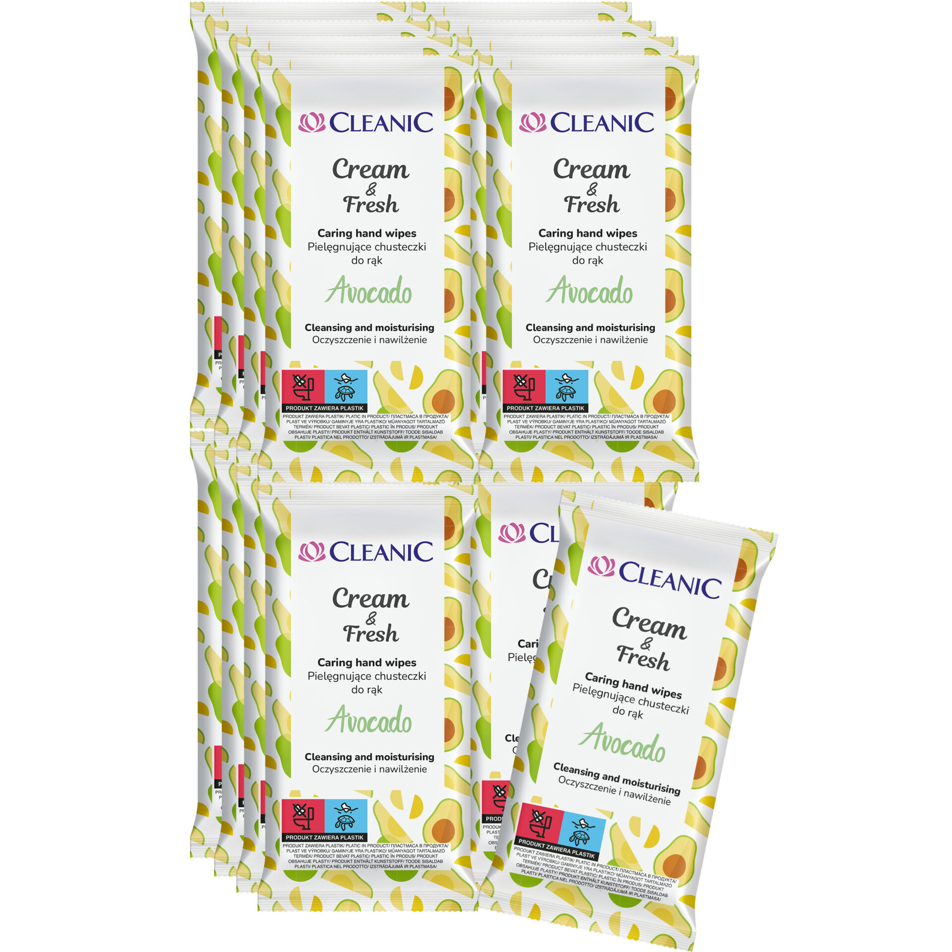 16 x Cleanic Cream & Fresh Avocado Pielęgnujące chusteczki do rąk, 15 szt