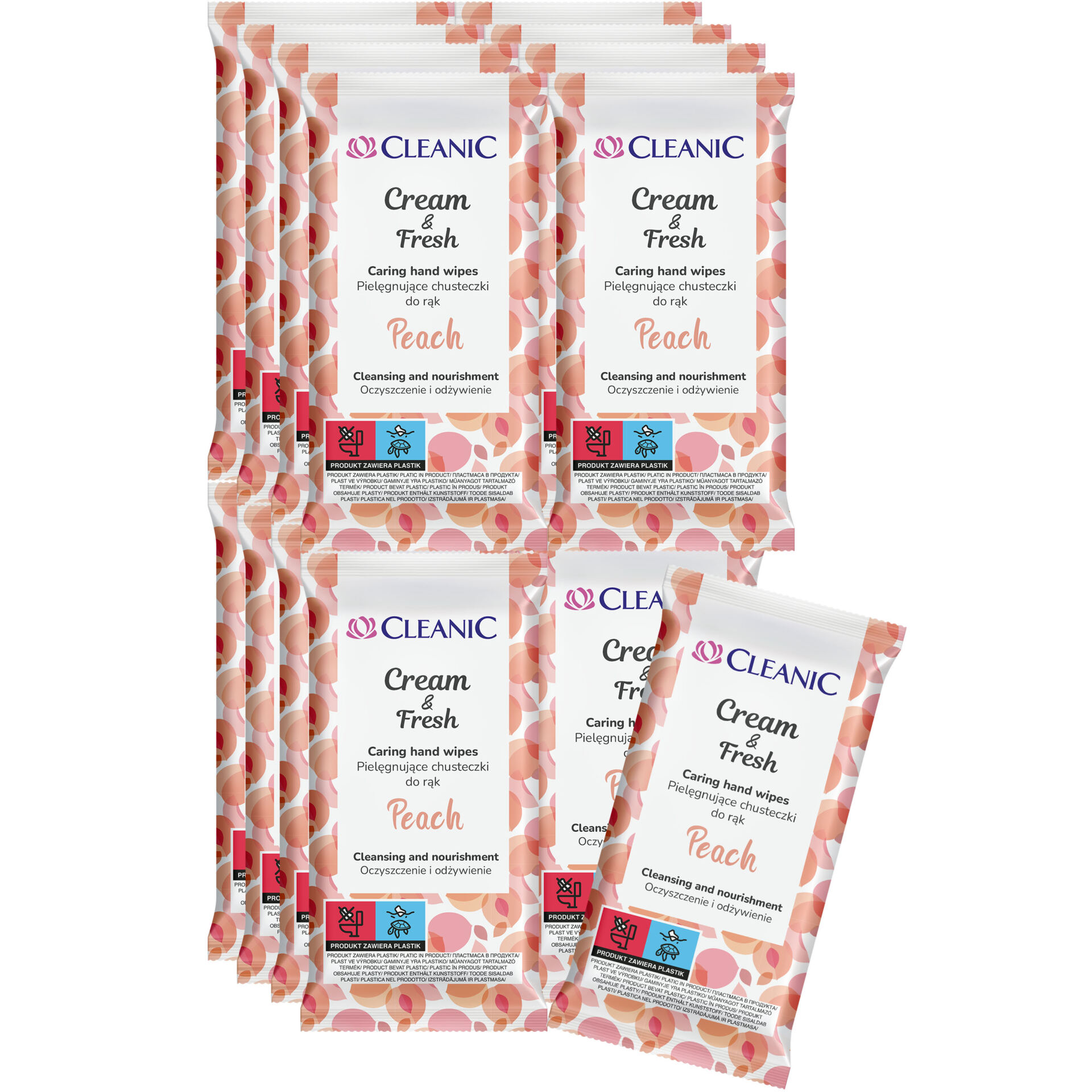 16 x Cleanic Cream & Fresh Peach Pielęgnujące chusteczki do rąk, 15 szt.