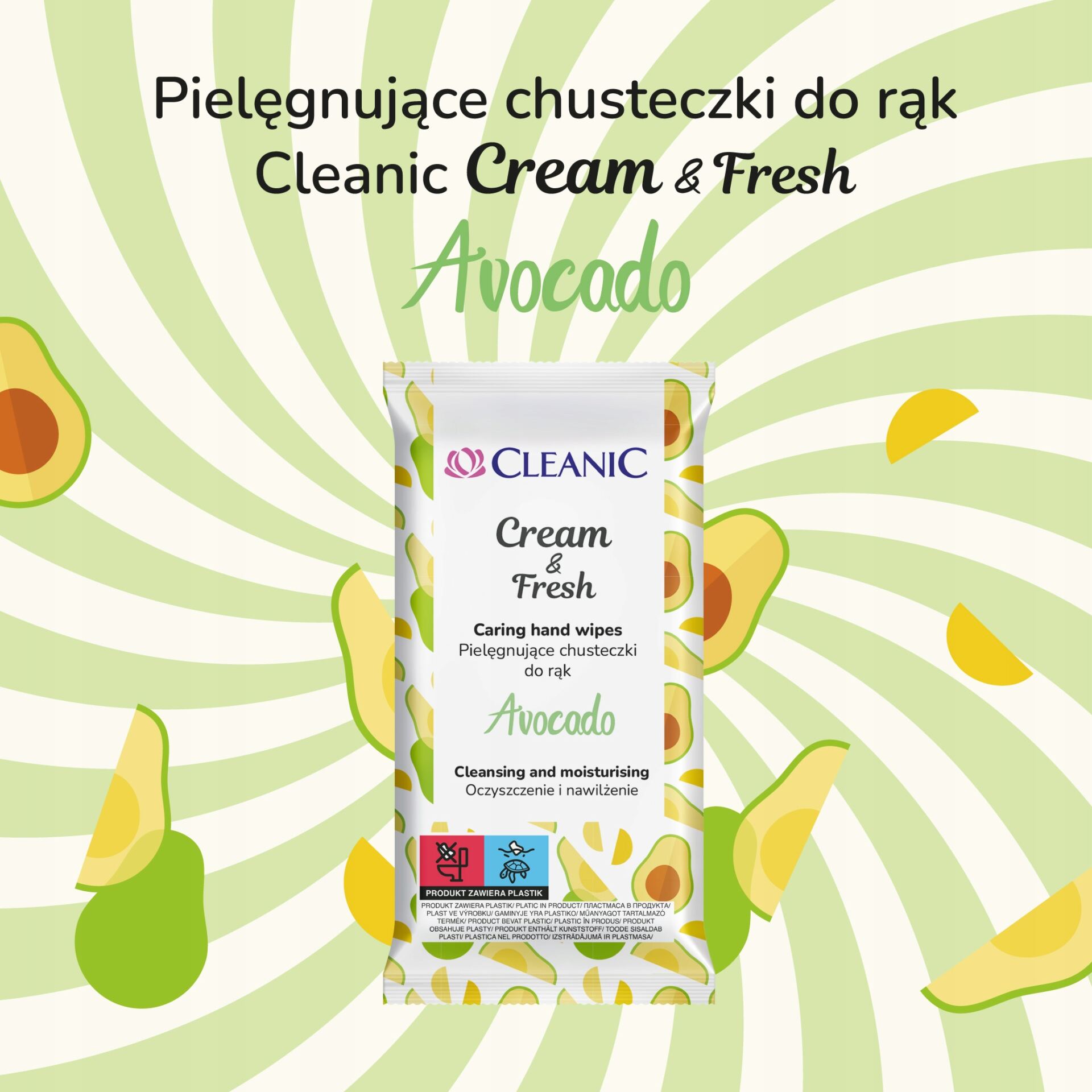 16 x Cleanic Cream & Fresh Avocado Pielęgnujące chusteczki do rąk, 15 szt - obrazek 2