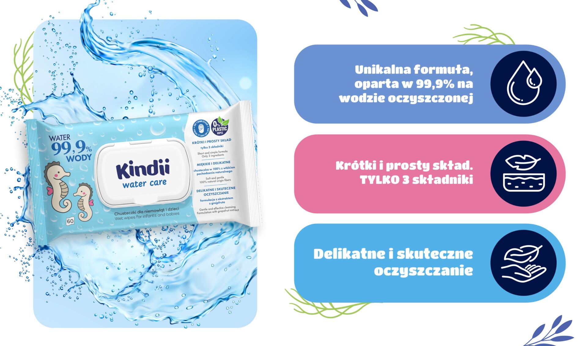 Kindii 99,9% Water Care Chusteczki nawilżane dla dzieci i niemowląt, 60 szt - obrazek 5