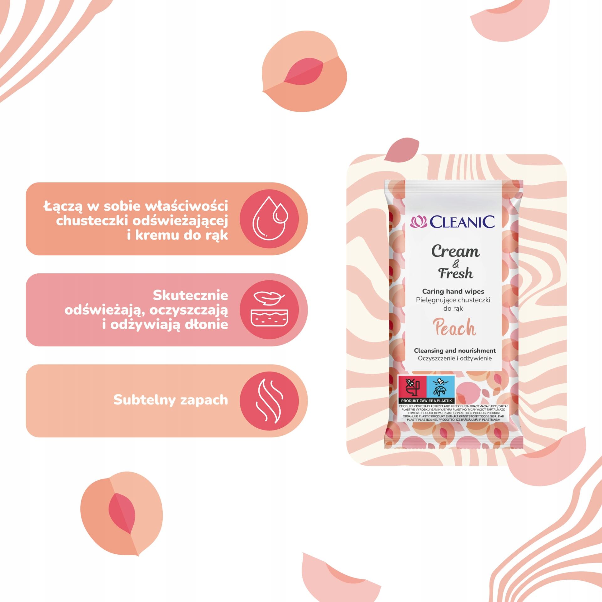 16 x Cleanic Cream & Fresh Peach Pielęgnujące chusteczki do rąk, 15 szt. - obrazek 3