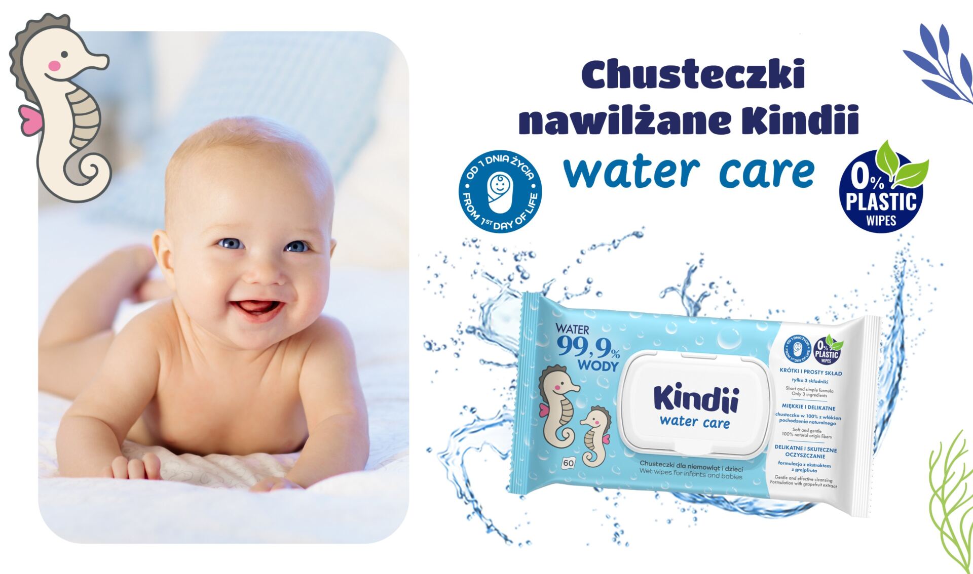 Kindii 99,9% Water Care Chusteczki nawilżane dla dzieci i niemowląt, 60 szt - obrazek 2