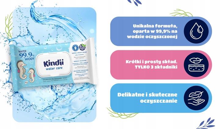12x Kindii 99,9% Water Care Chusteczki nawilżane dla dzieci i niemowląt 60s - obrazek 5