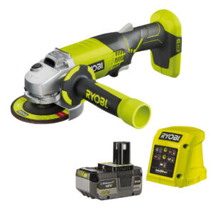 RYOBI Bezszczotkowa Szlifierka Kątowa 115mm+ Akumulator 4Ah+ Ładowarka 1,5A
